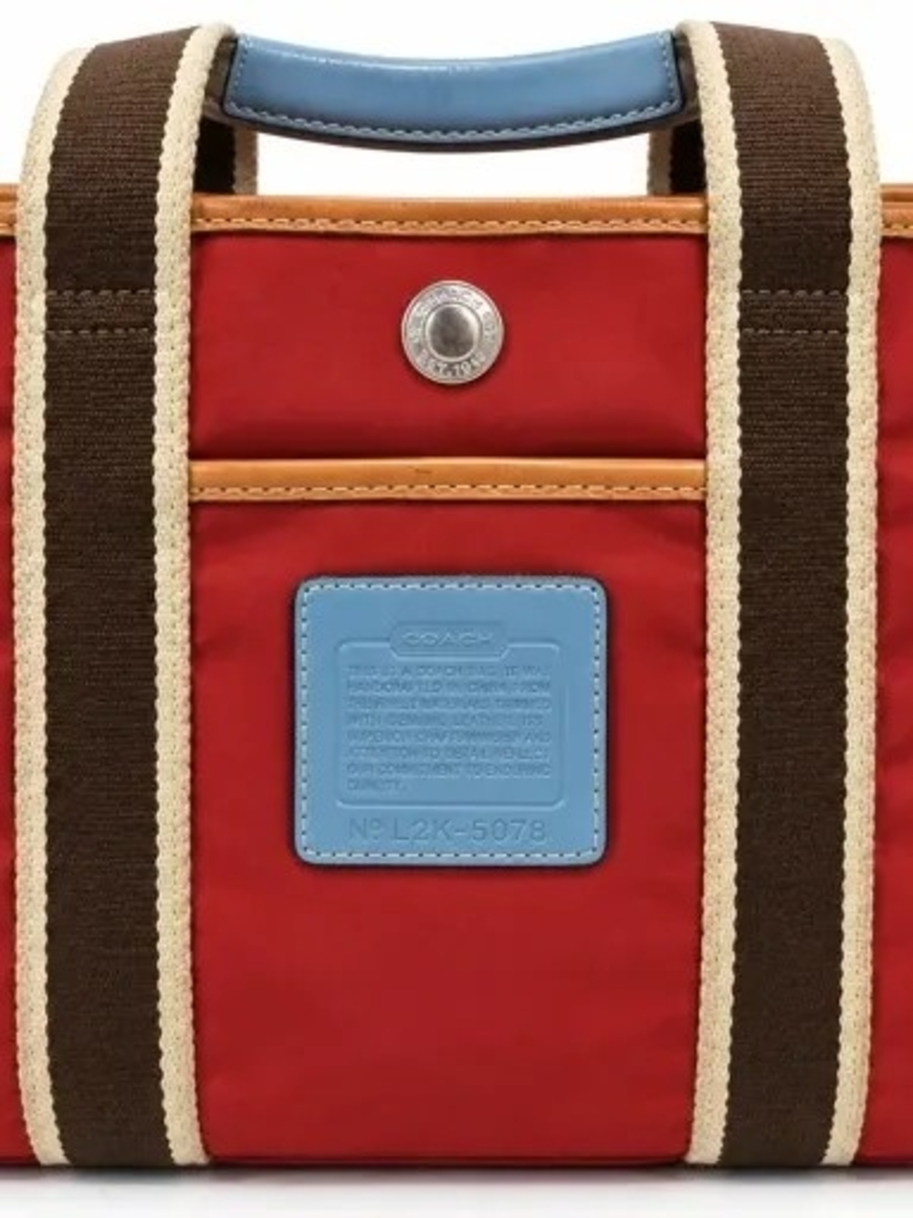 Coach Red Nylon Tote Bag with Blue Leather Patch and Brown Straps Yellow Trim